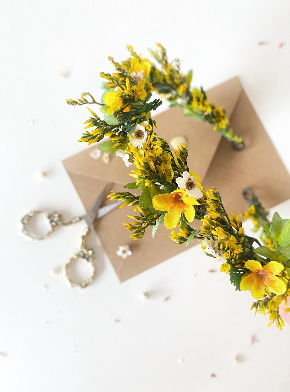 Yellow Floral Half Wreath: Boho Bridal Flower Crown – handmade floral hair accessory by magaela