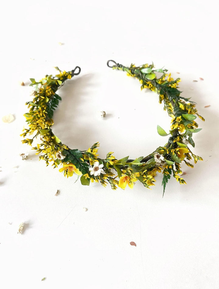 Yellow Floral Half Wreath: Boho Bridal Flower Crown – handmade floral hair accessory by magaela