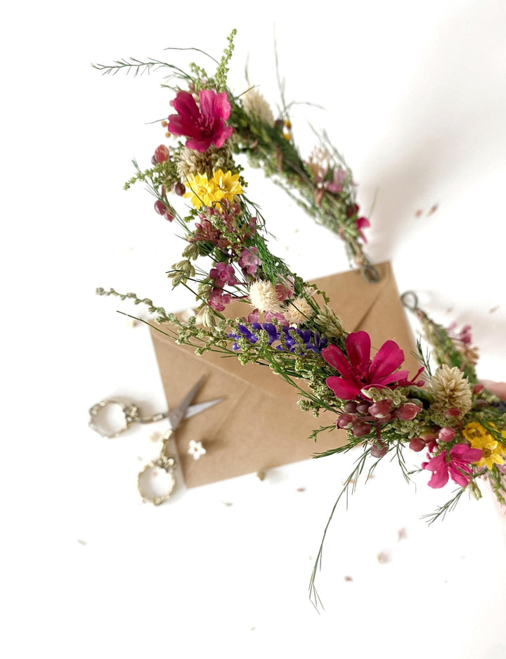 Magenta Wildflower Bridal Wreath: Boho Woodland Wedding Headpiece – handmade floral hair accessory by magaela