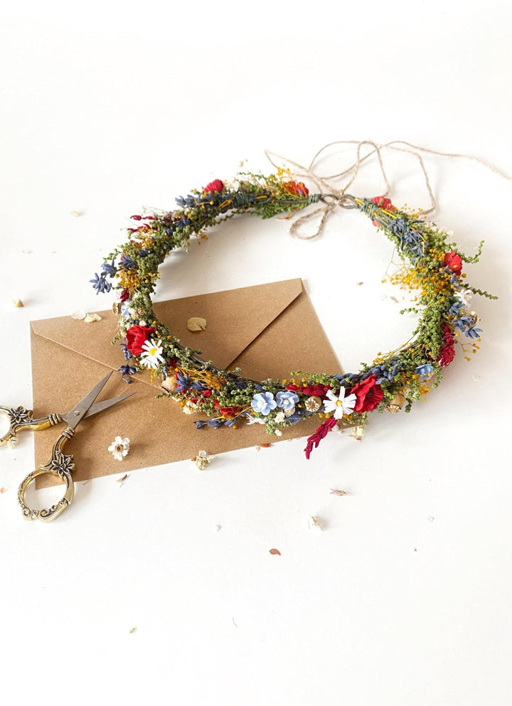Folk Meadow Bridal Crown: Poppy Flower Hair Wreath – handmade floral hair accessory by magaela
