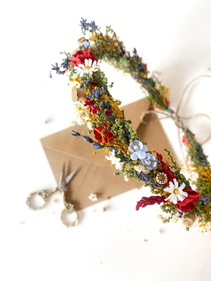 Folk Meadow Bridal Crown: Poppy Flower Hair Wreath – handmade floral hair accessory by magaela