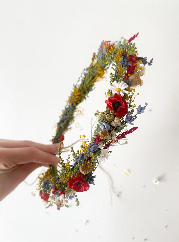 Folk Meadow Bridal Crown: Poppy Flower Hair Wreath – handmade floral hair accessory by magaela