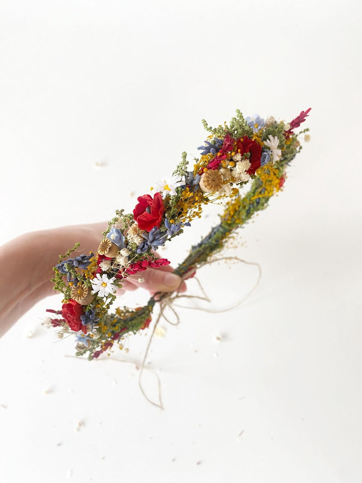Folk Meadow Bridal Crown: Poppy Flower Hair Wreath – handmade floral hair accessory by magaela