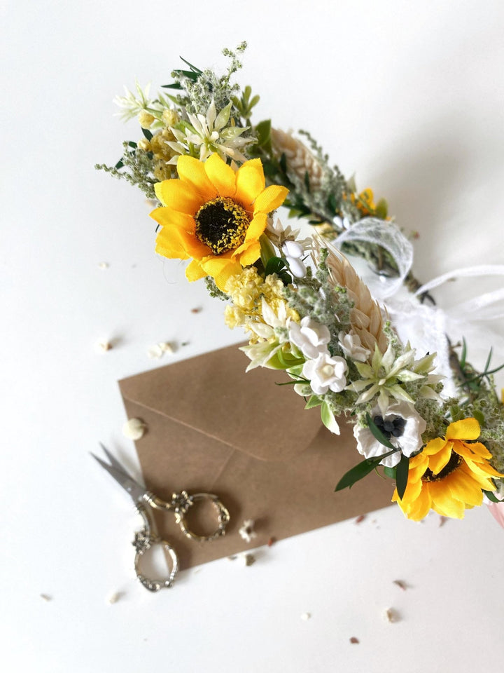 Sunflower Hair Crown: Boho Bridal Flower Wreath – handmade floral hair accessory by magaela