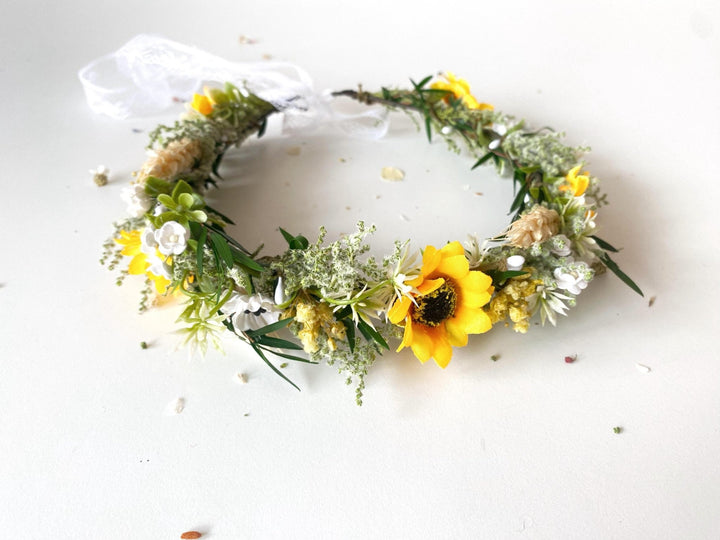 Sunflower Hair Crown: Boho Bridal Flower Wreath – handmade floral hair accessory by magaela