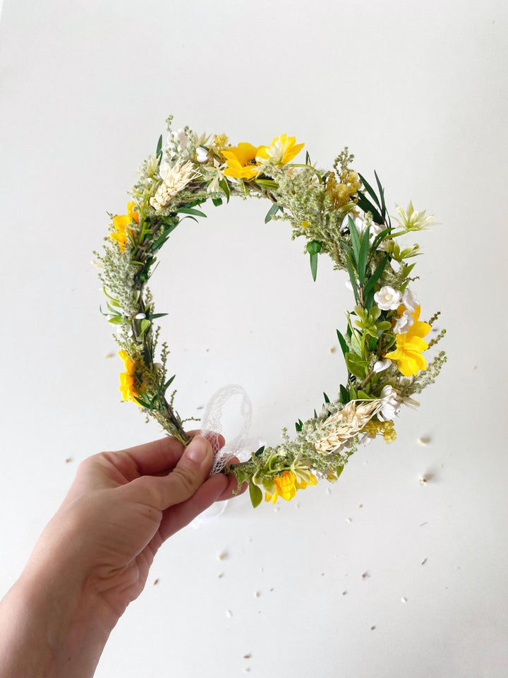 Sunflower Hair Crown: Boho Bridal Flower Wreath – handmade floral hair accessory by magaela