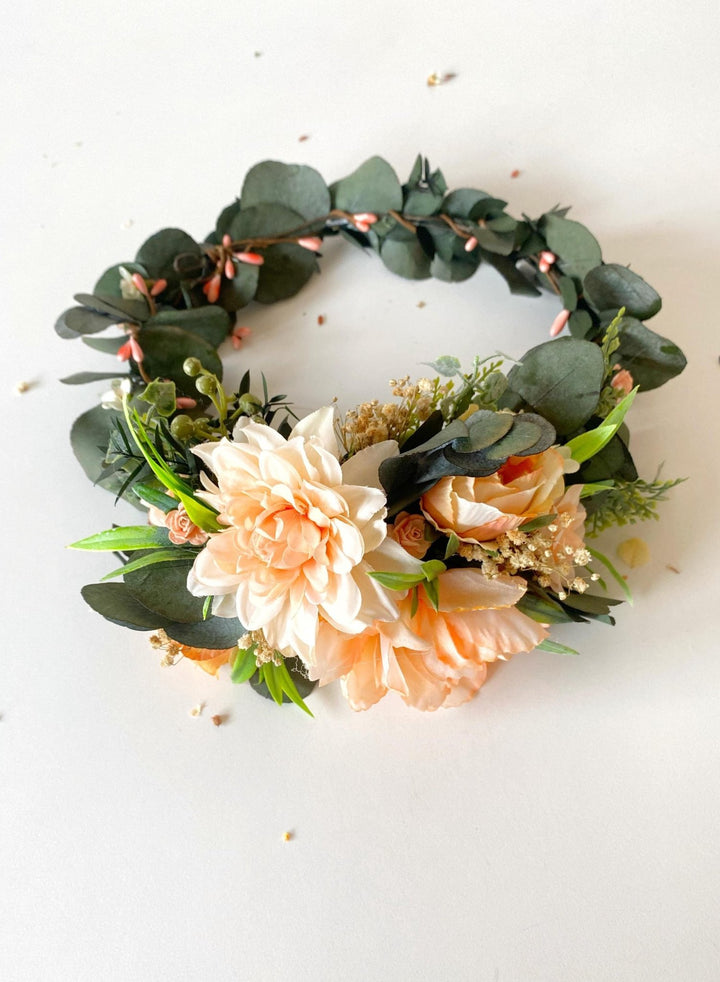 Peach Flower Headpiece: Boho Greenery Hair Wreath with Comb – handmade floral hair accessory by magaela