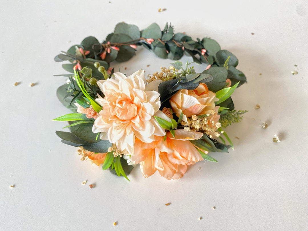 Peach Flower Headpiece: Boho Greenery Hair Wreath with Comb – handmade floral hair accessory by magaela