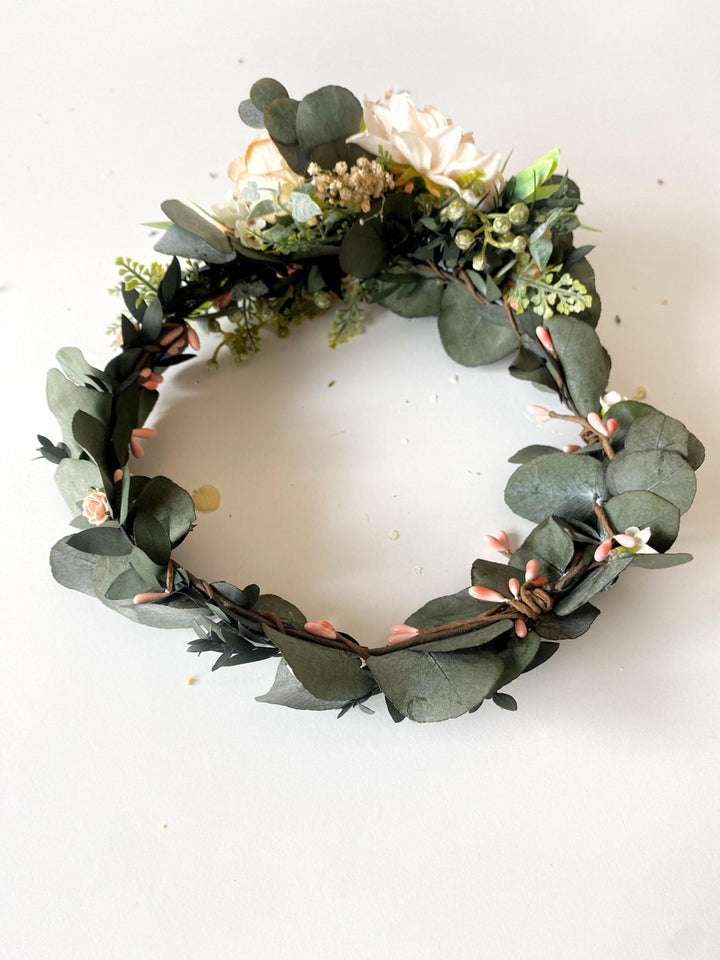 Peach Flower Headpiece: Boho Greenery Hair Wreath with Comb – handmade floral hair accessory by magaela