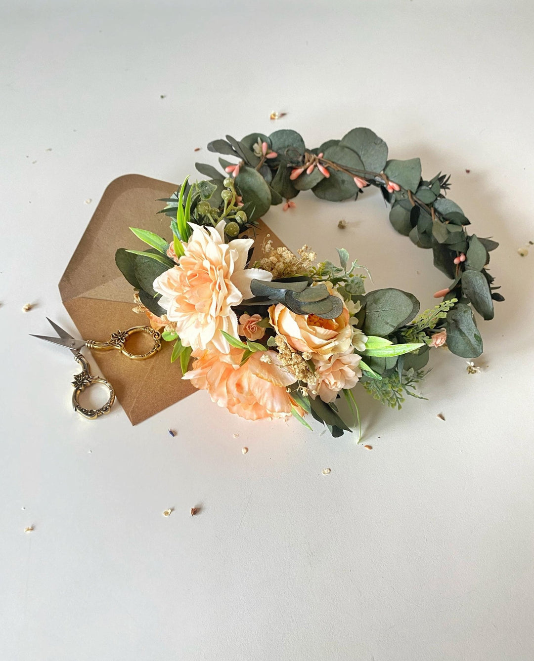 Peach Flower Headpiece: Boho Greenery Hair Wreath with Comb – handmade floral hair accessory by magaela