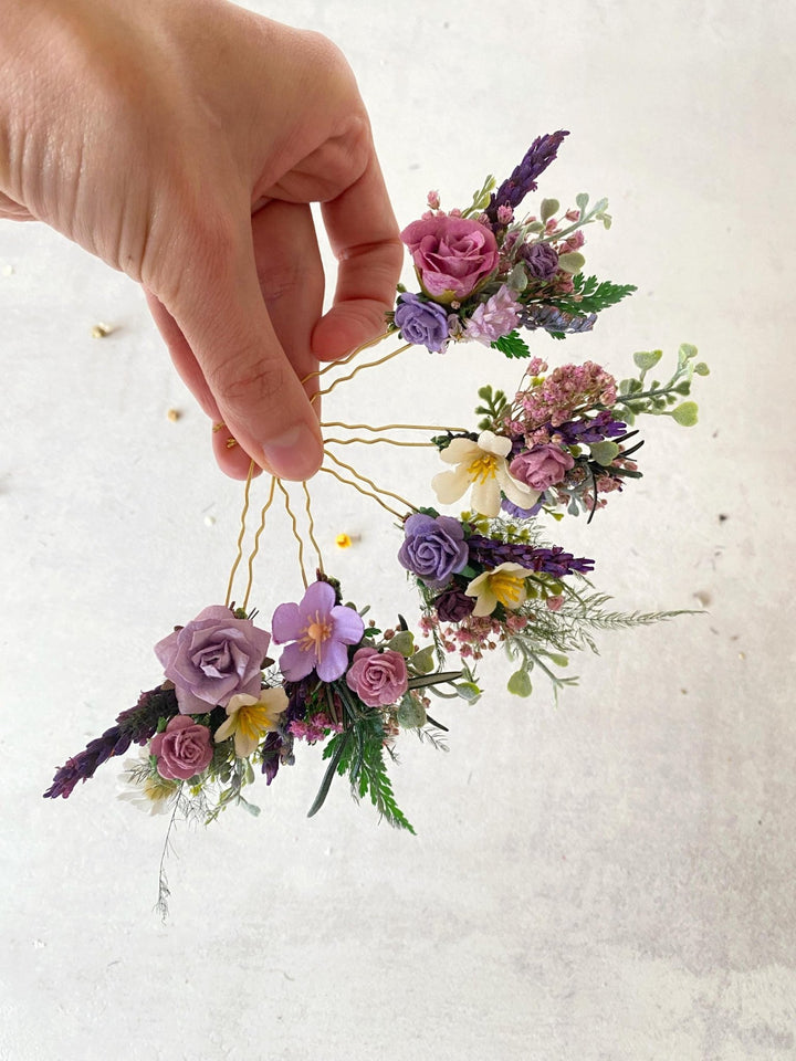 Purple Wildflower Hair Pins: Cottagecore Wedding Hair Accessories – handmade floral hair accessory by magaela