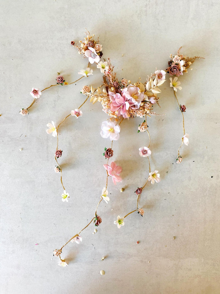Pink Cream Floral Bridal Hair Vine with Veil: Romantic Wedding – handmade floral hair accessory by magaela