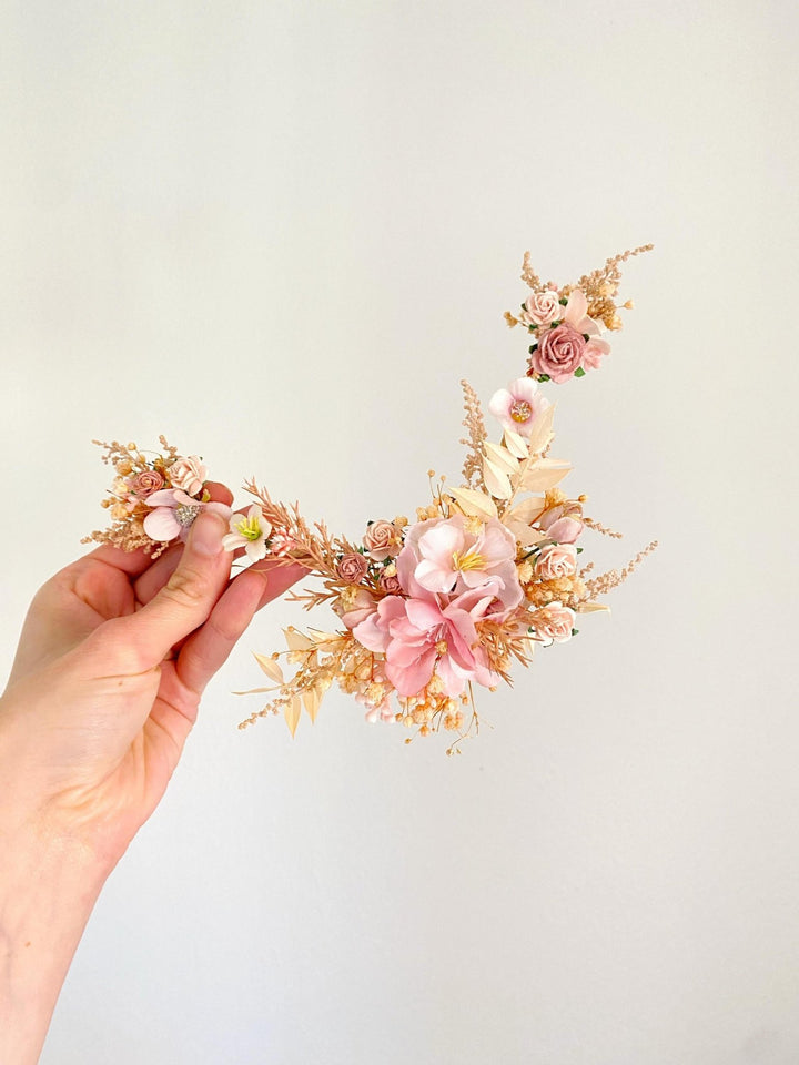 Pink Cream Floral Bridal Hair Vine with Veil: Romantic Wedding – handmade floral hair accessory by magaela