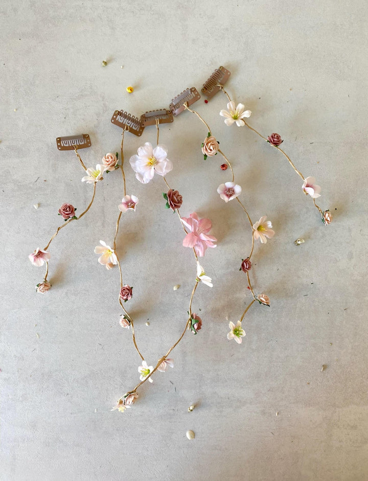 Pink Cream Floral Bridal Hair Vine with Veil: Romantic Wedding – handmade floral hair accessory by magaela