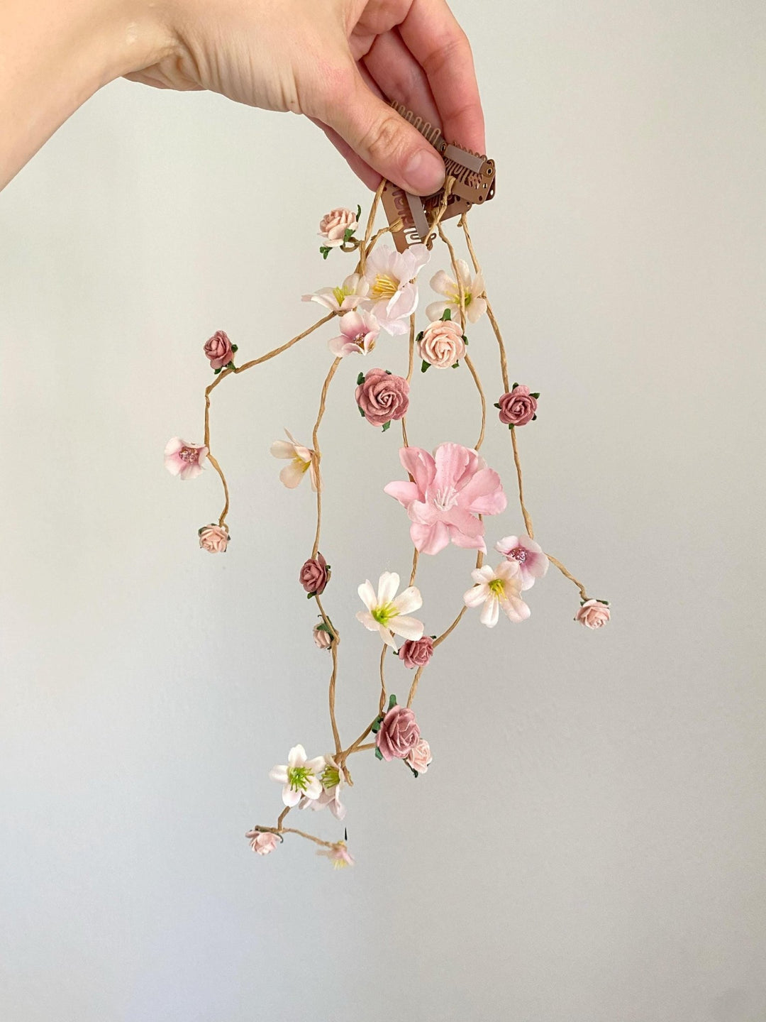 Pink Cream Floral Bridal Hair Vine with Veil: Romantic Wedding – handmade floral hair accessory by magaela