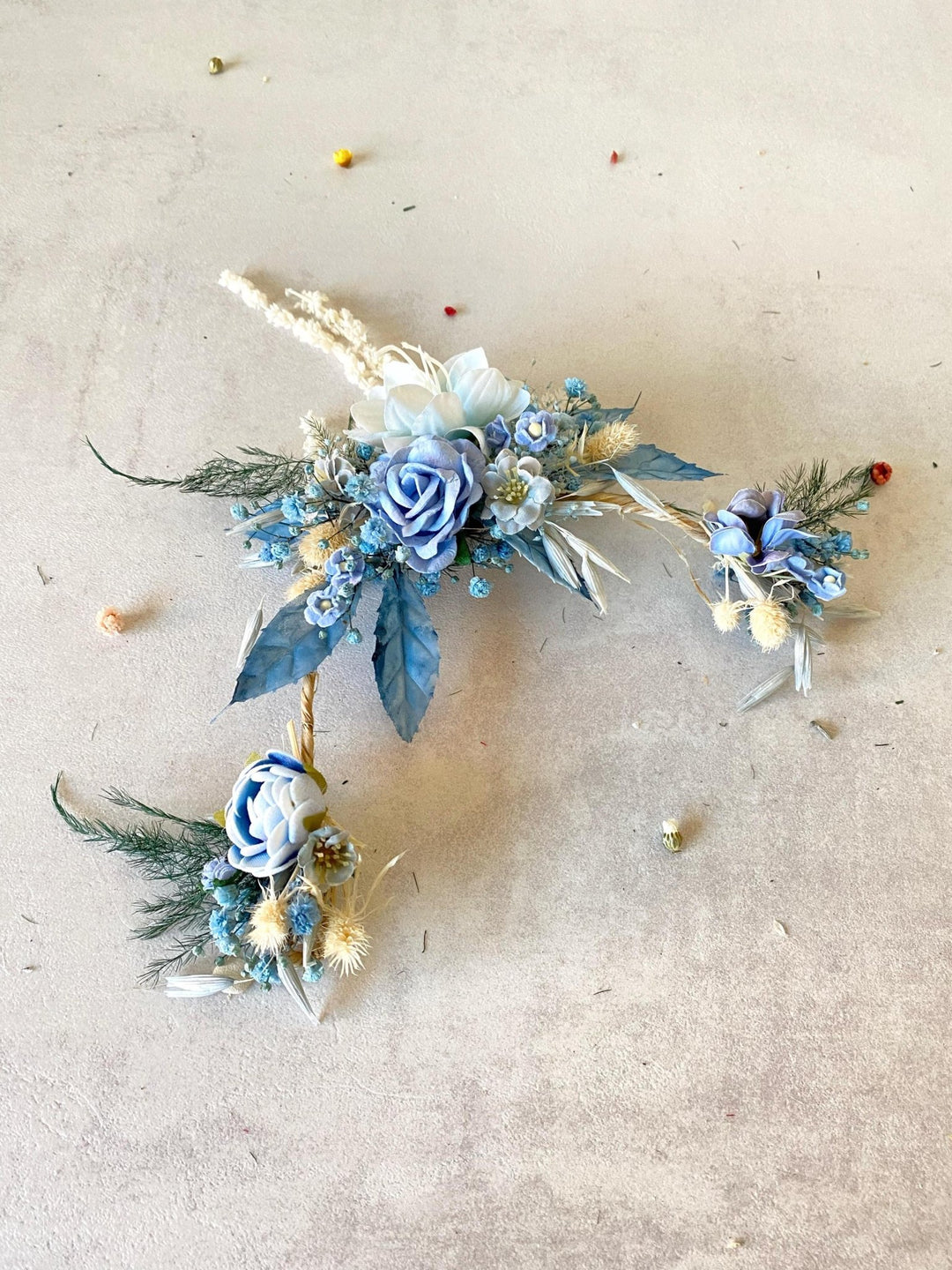 Blue Floral Bridal Hair Vine with Veil: Boho Wedding Hair Flowers – handmade floral hair accessory by magaela