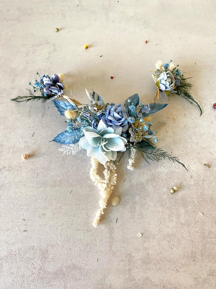 Blue Floral Bridal Hair Vine with Veil: Boho Wedding Hair Flowers – handmade floral hair accessory by magaela