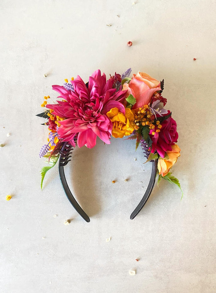 Magenta Frida Flower Headband: Boho Wedding Hair Crown – handmade floral hair accessory by magaela
