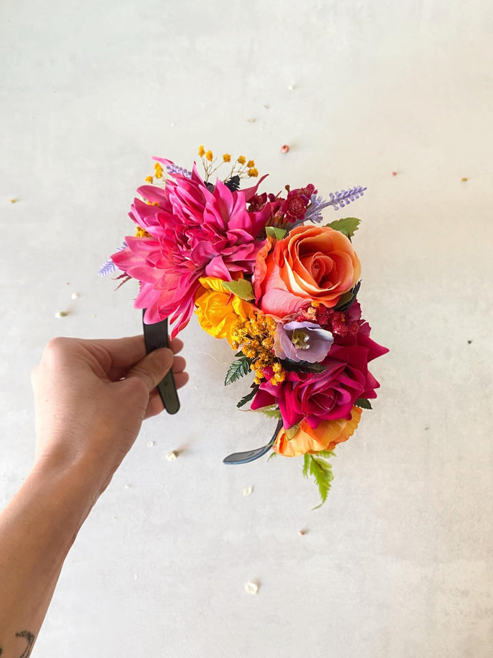 Magenta Frida Flower Headband: Boho Wedding Hair Crown – handmade floral hair accessory by magaela