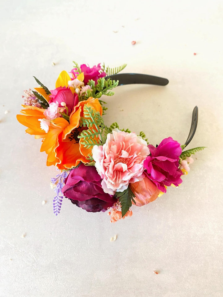 Magenta Orange Frida Flower Crown: Boho Floral Headband – handmade floral hair accessory by magaela