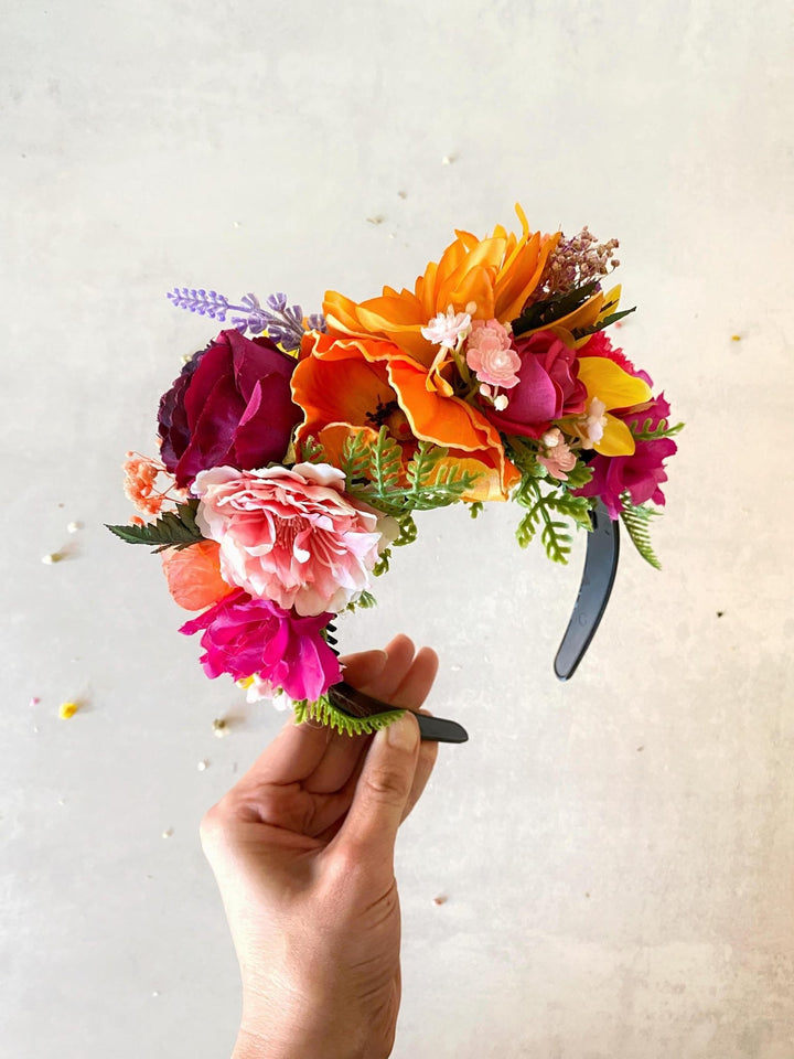 Magenta Orange Frida Flower Crown: Boho Floral Headband – handmade floral hair accessory by magaela