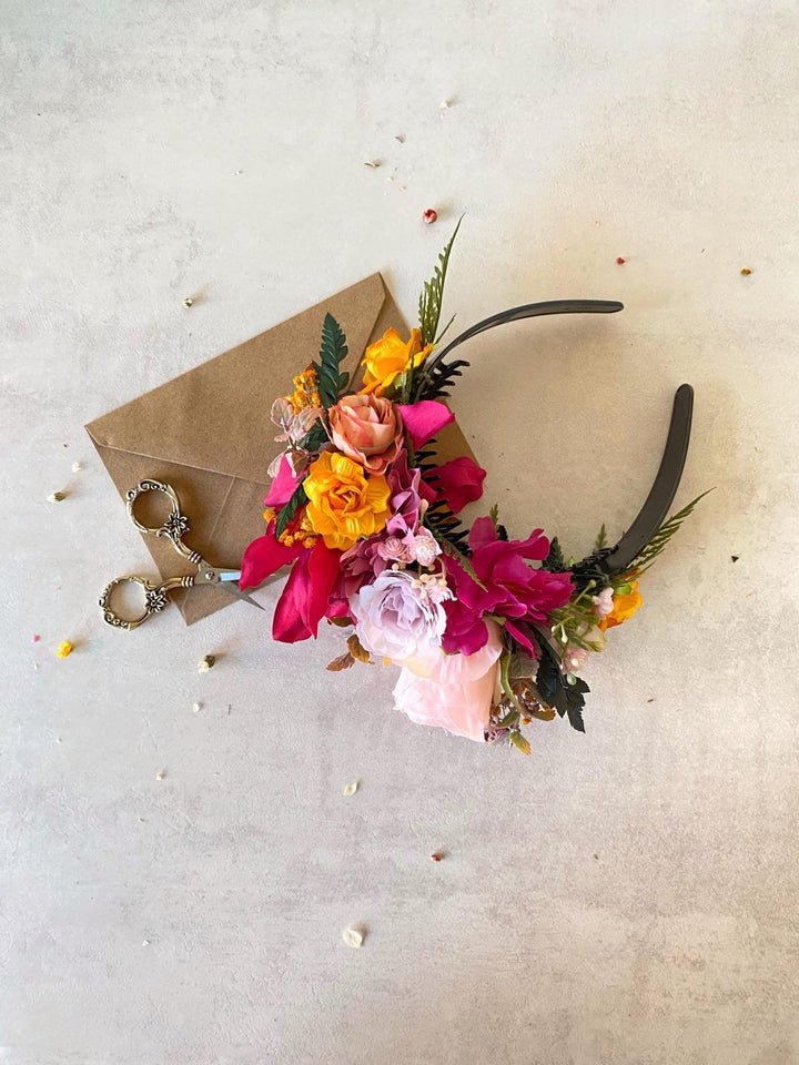 Fuchsia Orange Flower Crown Headband: Frida Inspired Boho Wedding – handmade floral hair accessory by magaela
