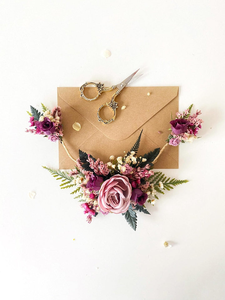 Purple Floral Hair Vine with Veil: Romantic Boho Wedding Comb – handmade floral hair accessory by magaela