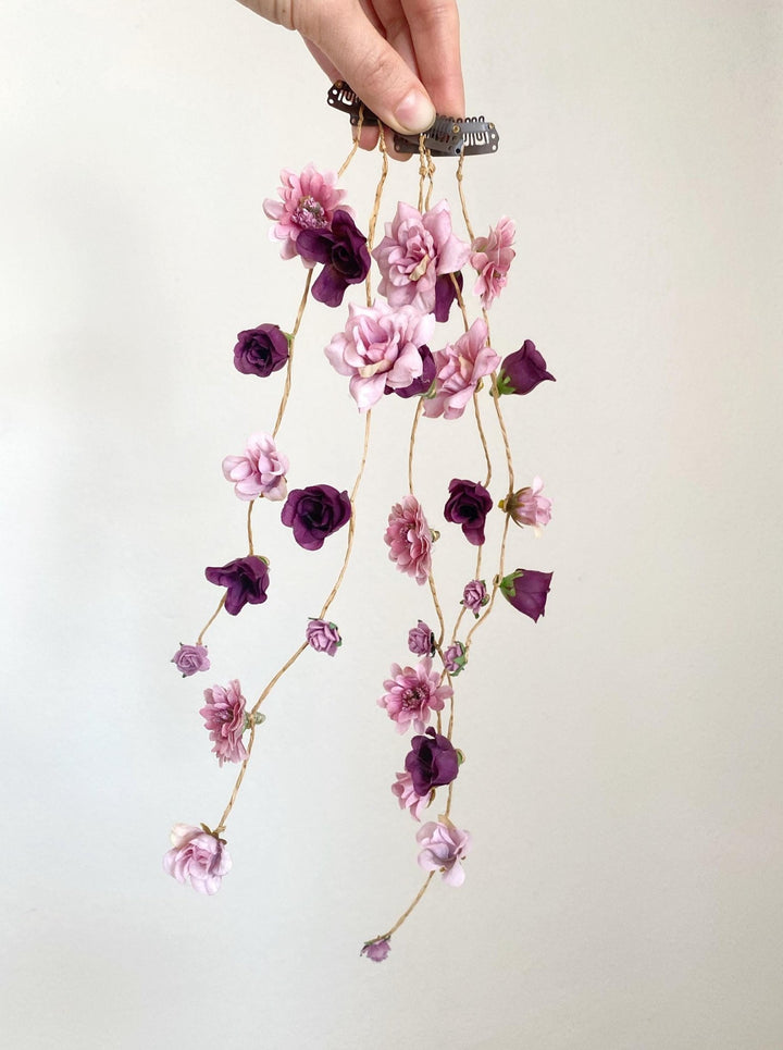 Purple Floral Hair Vine with Veil: Romantic Boho Wedding Comb – handmade floral hair accessory by magaela