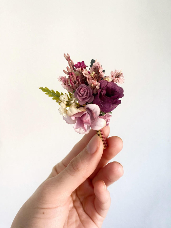 Purple Preserved Flower Boutonniere: Romantic Wedding Accessory – handmade floral hair accessory by magaela