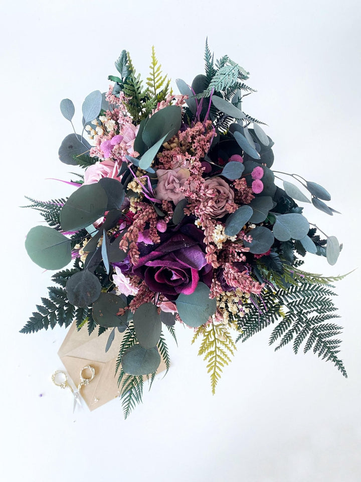 Purple Boho Bridal Bouquet: Fern & Roses, Garden Wedding – handmade floral hair accessory by magaela
