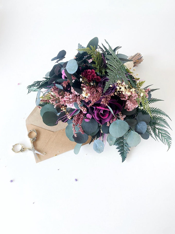 Purple Boho Bridal Bouquet: Fern & Roses, Garden Wedding – handmade floral hair accessory by magaela