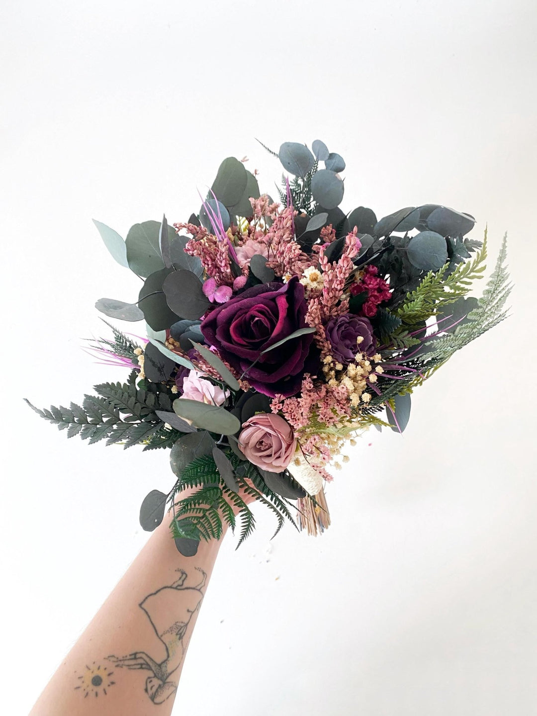 Purple Boho Bridal Bouquet: Fern & Roses, Garden Wedding – handmade floral hair accessory by magaela