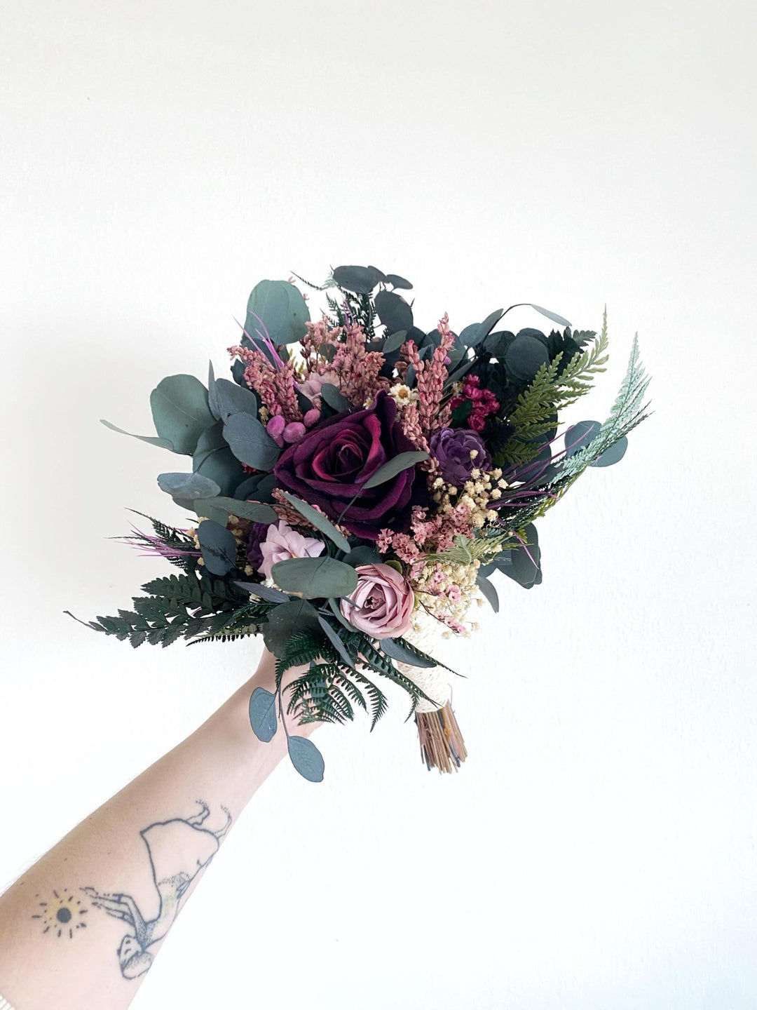 Purple Boho Bridal Bouquet: Fern & Roses, Garden Wedding – handmade floral hair accessory by magaela