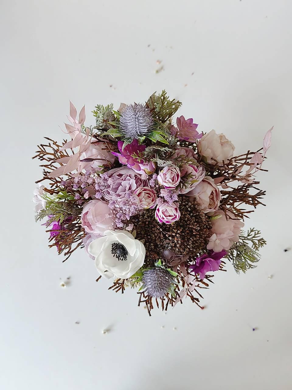 Purple & White Bridal Bouquet: Romantic Boho Wedding Flowers – handmade floral hair accessory by magaela