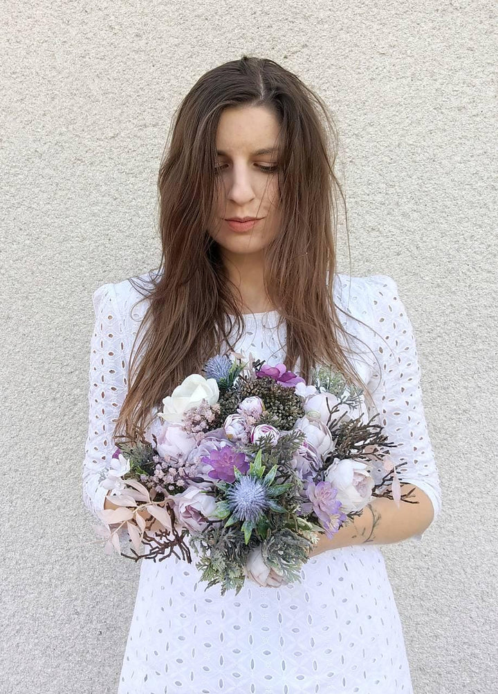 Purple & White Bridal Bouquet: Romantic Boho Wedding Flowers – handmade floral hair accessory by magaela