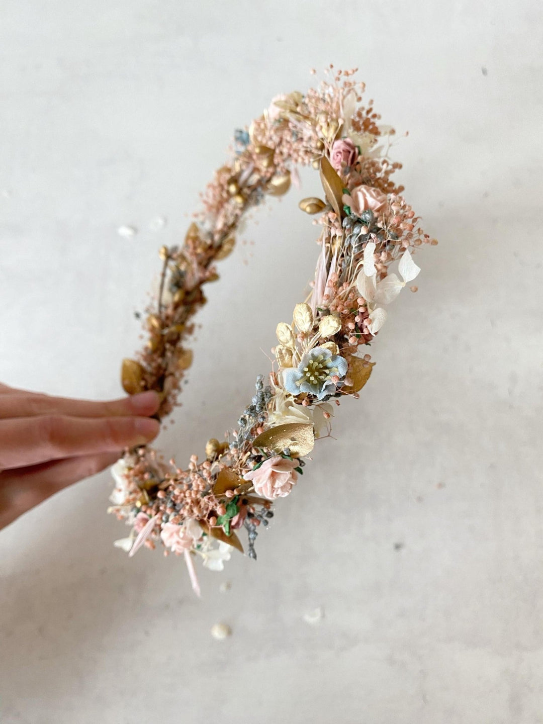 Vintage Golden Flower Crown: Glam Cottagecore Wedding Wreath – handmade floral hair accessory by magaela