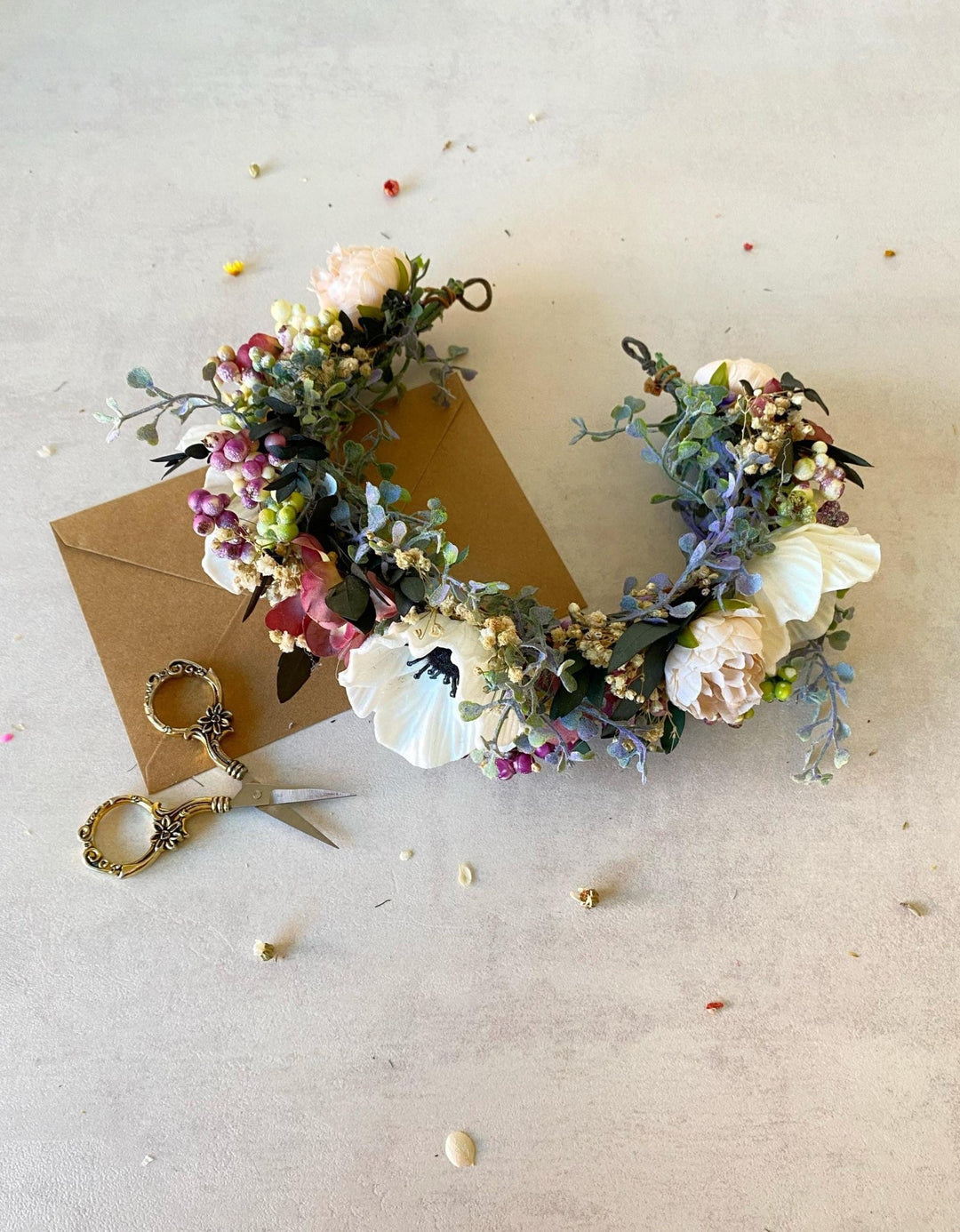 Anemone Wedding Half Wreath: White & Dusty Pink Flower Crown – handmade floral hair accessory by magaela