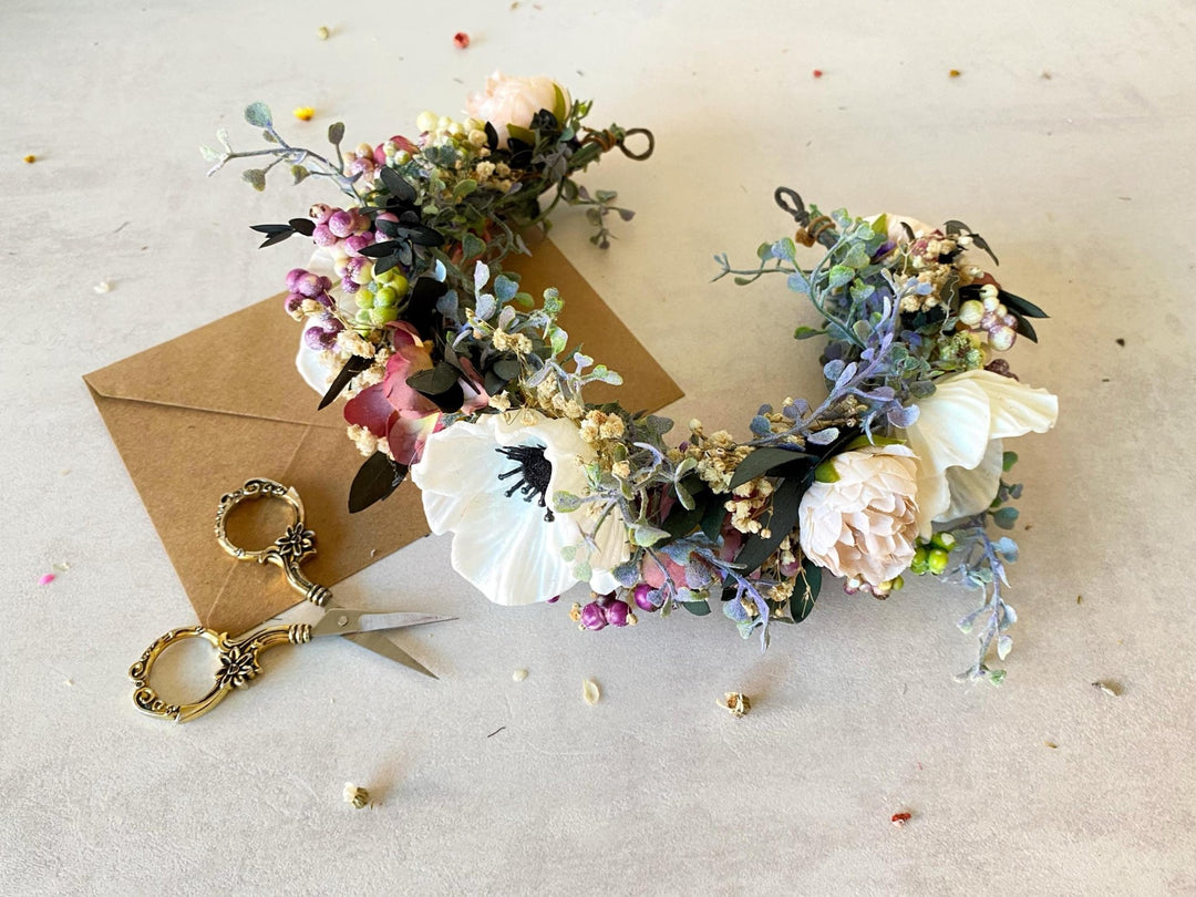 Anemone Wedding Half Wreath: White & Dusty Pink Flower Crown – handmade floral hair accessory by magaela