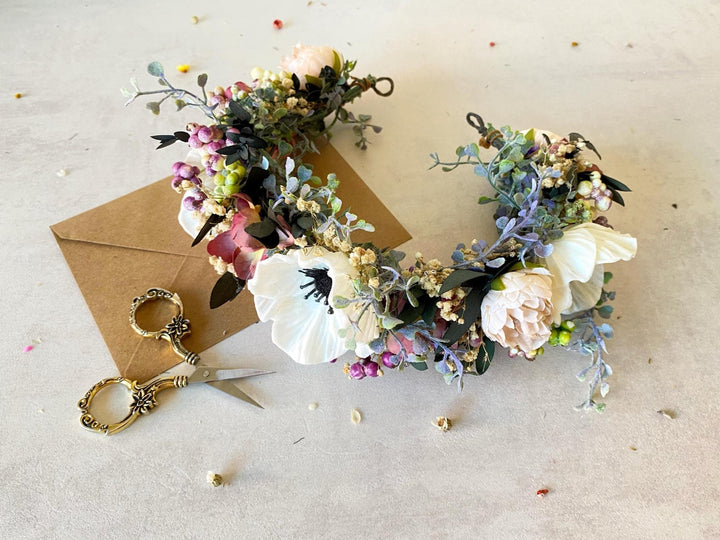 Anemone Wedding Half Wreath: White & Dusty Pink Flower Crown – handmade floral hair accessory by magaela