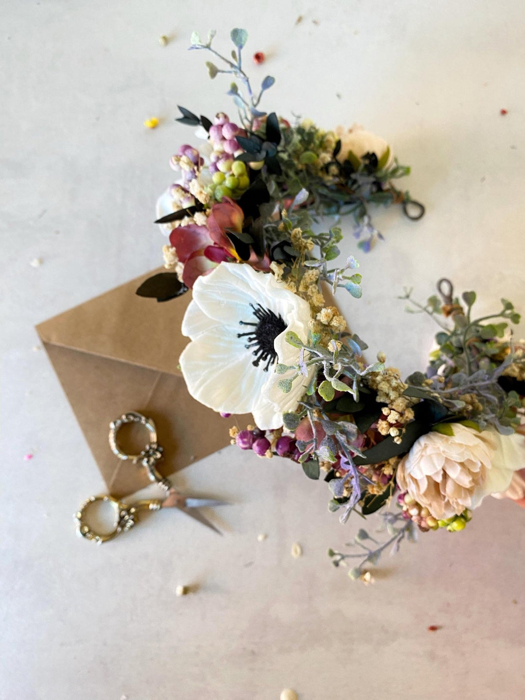 Anemone Wedding Half Wreath: White & Dusty Pink Flower Crown – handmade floral hair accessory by magaela