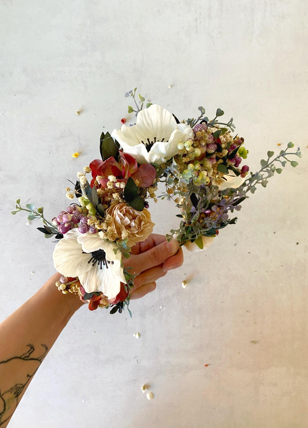 Anemone Wedding Half Wreath: White & Dusty Pink Flower Crown – handmade floral hair accessory by magaela