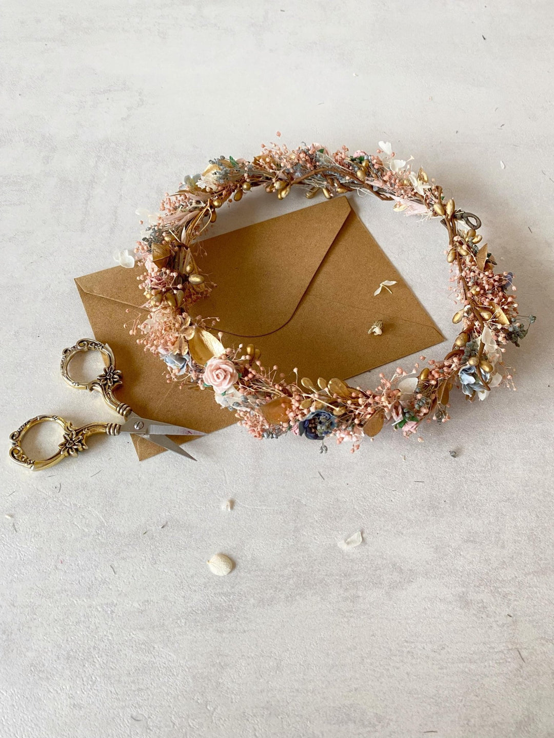 Vintage Golden Flower Crown: Glam Cottagecore Wedding Wreath – handmade floral hair accessory by magaela