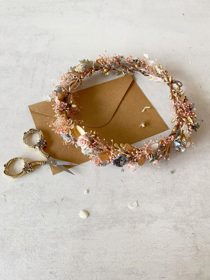 Vintage Golden Flower Crown: Glam Cottagecore Wedding Wreath – handmade floral hair accessory by magaela