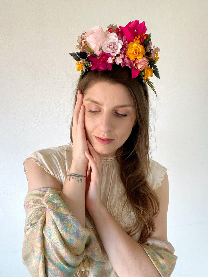 Fuchsia Orange Flower Crown Headband: Frida Inspired Boho Wedding – handmade floral hair accessory by magaela
