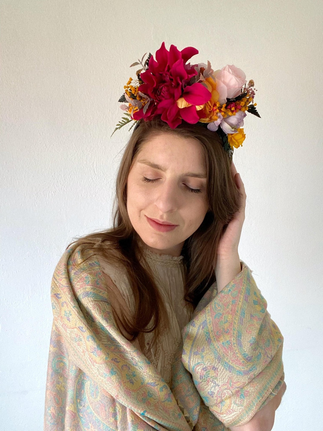 Fuchsia Orange Flower Crown Headband: Frida Inspired Boho Wedding – handmade floral hair accessory by magaela