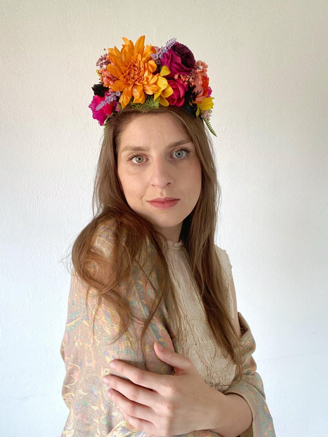 Magenta Orange Frida Flower Crown: Boho Floral Headband – handmade floral hair accessory by magaela