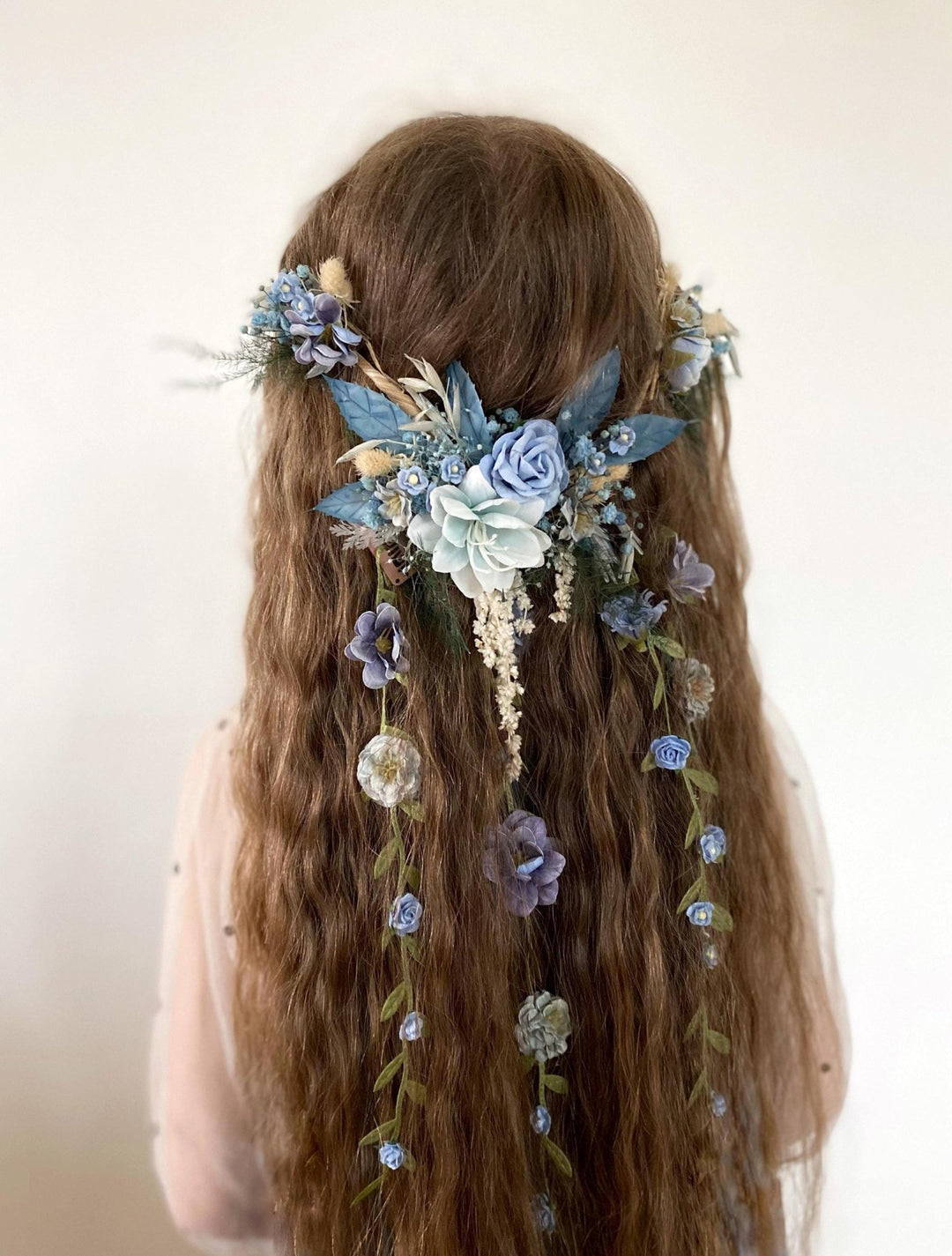 Blue Floral Bridal Hair Vine with Veil: Boho Wedding Hair Flowers – handmade floral hair accessory by magaela