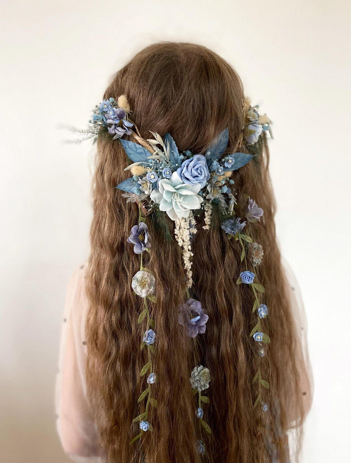 Blue Floral Bridal Hair Vine with Veil: Boho Wedding Hair Flowers – handmade floral hair accessory by magaela