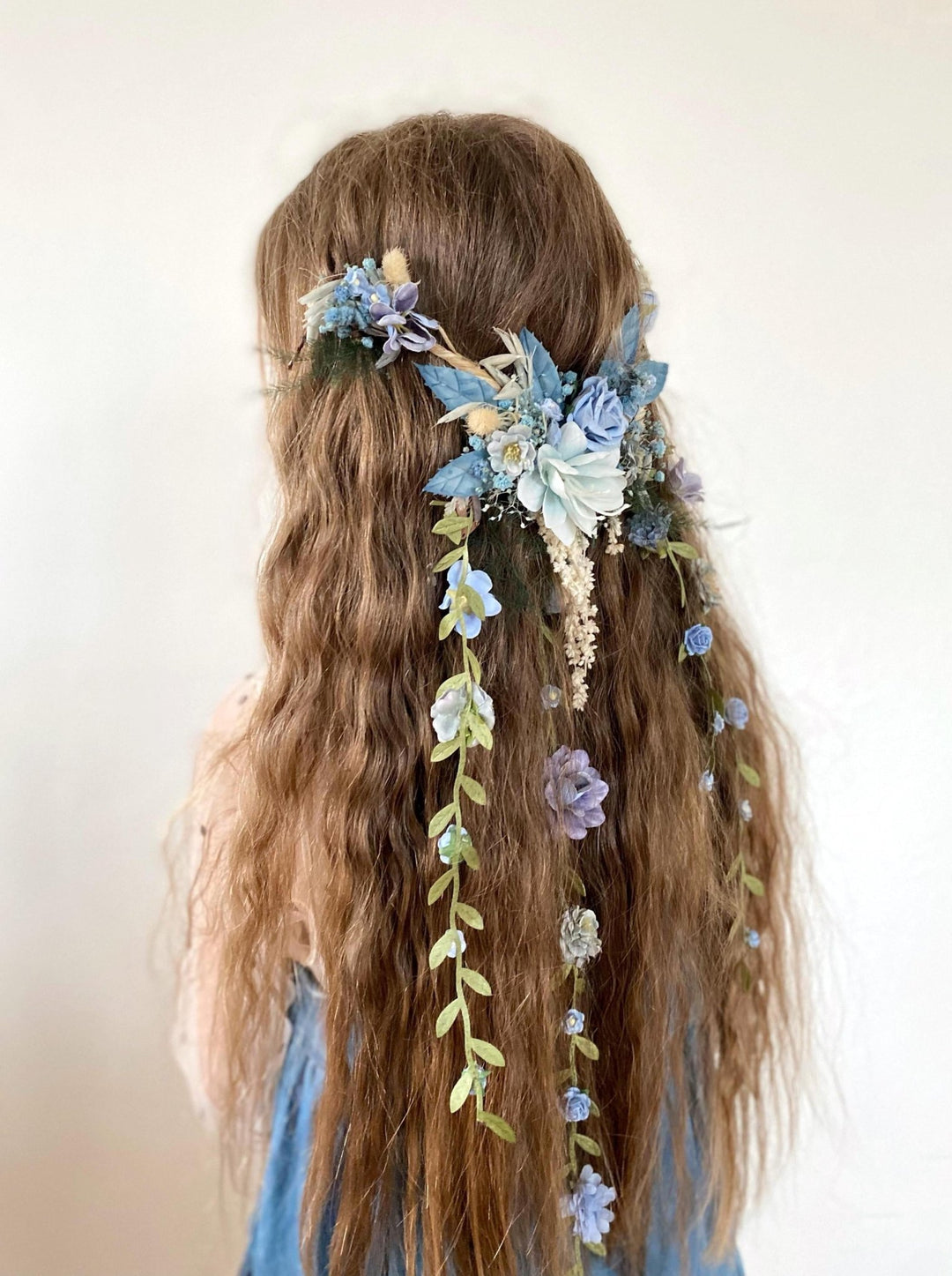 Blue Floral Bridal Hair Vine with Veil: Boho Wedding Hair Flowers – handmade floral hair accessory by magaela