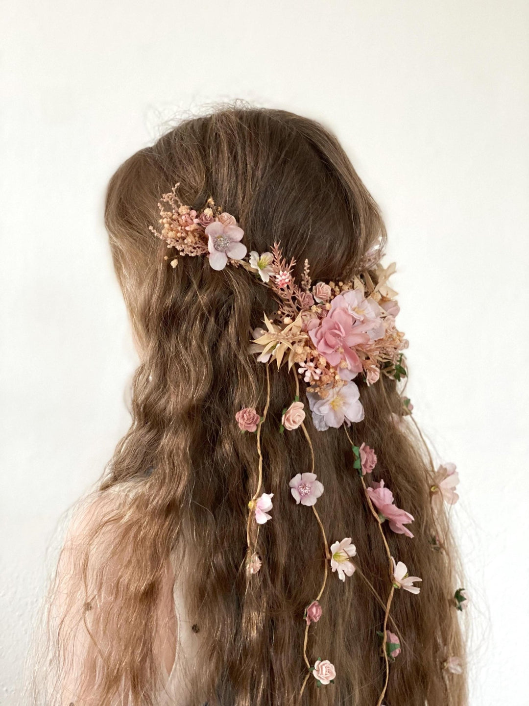 Pink Cream Floral Bridal Hair Vine with Veil: Romantic Wedding – handmade floral hair accessory by magaela